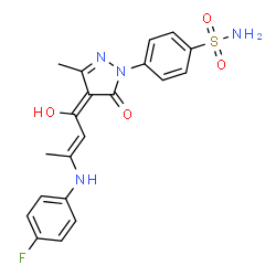 ChemSpider 2D Image | 4-[(4E)-4-{(2E)-3-[(4-Fluorophenyl)amino]-1-hydroxy-2-buten-1-ylidene}-3-methyl-5-oxo-4,5-dihydro-1H-pyrazol-1-yl]benzenesulfonamide | C20H19FN4O4S