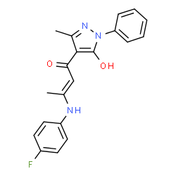 ChemSpider 2D Image | (2E)-3-[(4-Fluorophenyl)amino]-1-(5-hydroxy-3-methyl-1-phenyl-1H-pyrazol-4-yl)-2-buten-1-one | C20H18FN3O2