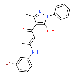 ChemSpider 2D Image | (2E)-3-[(3-Bromophenyl)amino]-1-(5-hydroxy-3-methyl-1-phenyl-1H-pyrazol-4-yl)-2-buten-1-one | C20H18BrN3O2