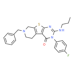 ChemSpider 2D Image | 7-Benzyl-3-(4-fluorophenyl)-2-(propylamino)-5,6,7,8-tetrahydropyrido[4',3':4,5]thieno[2,3-d]pyrimidin-4(3H)-one | C25H25FN4OS