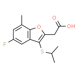 ChemSpider 2D Image | [5-Fluoro-3-(isopropylsulfanyl)-7-methyl-1-benzofuran-2-yl]acetic acid | C14H15FO3S