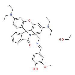 ChemSpider 2D Image | 3',6'-Bis(diethylamino)-2-{2-[(E)-(4-hydroxy-3-methoxybenzylidene)amino]ethyl}spiro[isoindole-1,9'-xanthen]-3(2H)-one - ethanol (1:1) | C40H48N4O5