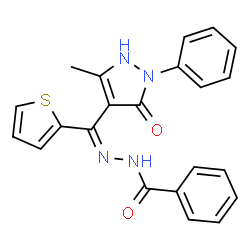 ChemSpider 2D Image | N'-[(E)-(5-Methyl-3-oxo-2-phenyl-2,3-dihydro-1H-pyrazol-4-yl)(2-thienyl)methylene]benzohydrazide | C22H18N4O2S