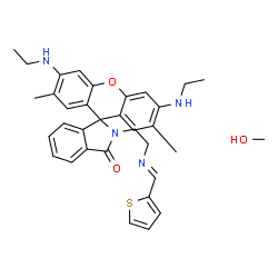 ChemSpider 2D Image | 3',6'-Bis(ethylamino)-2',7'-dimethyl-2-{2-[(E)-(2-thienylmethylene)amino]ethyl}spiro[isoindole-1,9'-xanthen]-3(2H)-one - methanol (1:1) | C34H38N4O3S