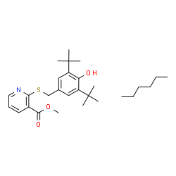 ChemSpider 2D Image | Methyl 2-{[4-hydroxy-3,5-bis(2-methyl-2-propanyl)benzyl]sulfanyl}nicotinate - hexane (1:1) | C28H43NO3S