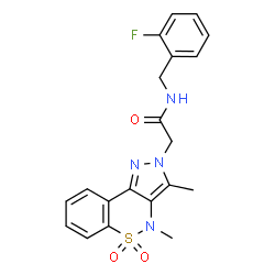 ChemSpider 2D Image | 2-(3,4-Dimethyl-5,5-dioxidopyrazolo[4,3-c][1,2]benzothiazin-2(4H)-yl)-N-(2-fluorobenzyl)acetamide | C20H19FN4O3S