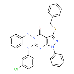 ChemSpider 2D Image | 5-Anilino-3-(benzylsulfanyl)-6-[(3-chlorophenyl)amino]-1-phenyl-1,5-dihydro-4H-pyrazolo[3,4-d]pyrimidin-4-one | C30H23ClN6OS