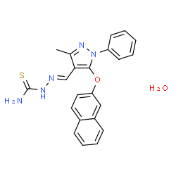 ChemSpider 2D Image | (2E)-2-{[3-Methyl-5-(2-naphthyloxy)-1-phenyl-1H-pyrazol-4-yl]methylene}hydrazinecarbothioamide hydrate (1:1) | C22H21N5O2S