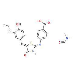 ChemSpider 2D Image | 4-{(Z)-[(5Z)-5-(3-Ethoxy-4-hydroxybenzylidene)-3-methyl-4-oxo-1,3-thiazolidin-2-ylidene]amino}benzoic acid - N,N-dimethylformamide (1:1) | C23H25N3O6S