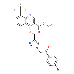 ChemSpider 2D Image | Ethyl 4-({1-[2-(4-bromophenyl)-2-oxoethyl]-1H-1,2,3-triazol-4-yl}methoxy)-8-(trifluoromethyl)-3-quinolinecarboxylate | C24H18BrF3N4O4