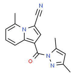 ChemSpider 2D Image | 1-[(3,5-Dimethyl-1H-pyrazol-1-yl)carbonyl]-5-methyl-3-indolizinecarbonitrile | C16H14N4O