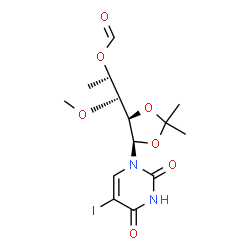 ChemSpider 2D Image | (1R)-5-Deoxy-4-O-formyl-1-C-(5-iodo-2,4-dioxo-3,4-dihydro-1(2H)-pyrimidinyl)-1,2-O-isopropylidene-3-O-methyl-L-arabinitol | C14H19IN2O7