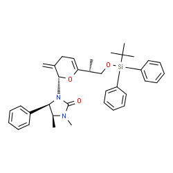 ChemSpider 2D Image | (4R,5S)-1,5-Dimethyl-3-{(2S)-3-methylene-6-[(2R)-1-{[(2-methyl-2-propanyl)(diphenyl)silyl]oxy}-2-propanyl]-3,4-dihydro-2H-pyran-2-yl}-4-phenyl-2-imidazolidinone | C36H44N2O3Si