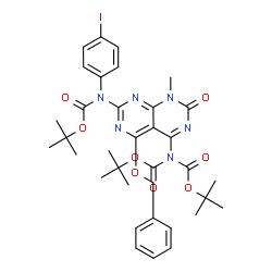 ChemSpider 2D Image | Bis(2-methyl-2-propanyl) {5-(benzyloxy)-7-[(4-iodophenyl){[(2-methyl-2-propanyl)oxy]carbonyl}amino]-1-methyl-2-oxo-1,2-dihydropyrimido[4,5-d]pyrimidin-4-yl}imidodicarbonate | C35H41IN6O8