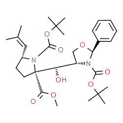ChemSpider 2D Image | 2-Methyl 1-(2-methyl-2-propanyl) (2R,5R)-2-{(S)-hydroxy[(2S,4S)-3-{[(2-methyl-2-propanyl)oxy]carbonyl}-2-phenyl-1,3-oxazolidin-4-yl]methyl}-5-(2-methyl-1-propen-1-yl)-1,2-pyrrolidinedicarboxylate | C30H44N2O8