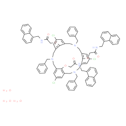 ChemSpider 2D Image | 2,2',2''-{[3,11,19-Tribenzyl-7,15,23-trichloro-3,11,19-triazatetracyclo[19.3.1.1~5,9~.1~13,17~]heptacosa-1(25),5(27),6,8,13(26),14,16,21,23-nonaene-25,26,27-triyl]tris(oxy)}tris[N-(1-naphthylmethyl)ac
etamide] trihydrate | C84H81Cl3N6O9