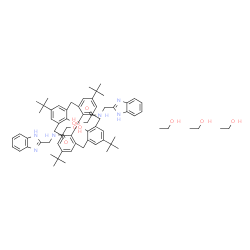ChemSpider 2D Image | 2,2'-{[26,28-Dihydroxy-5,11,17,23-tetrakis(2-methyl-2-propanyl)pentacyclo[19.3.1.1~3,7~.1~9,13~.1~15,19~]octacosa-1(25),3(28),4,6,9(27),10,12,15(26),16,18,21,23-dodecaene-25,27-diyl]bis(oxy)}bis[N-(1H
-benzimidazol-2-ylmethyl)acetamide] - ethanol (1:3) | C70H92N6O9