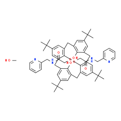 ChemSpider 2D Image | 2,2'-{[26,28-Dihydroxy-5,11,17,23-tetrakis(2-methyl-2-propanyl)pentacyclo[19.3.1.1~3,7~.1~9,13~.1~15,19~]octacosa-1(25),3(28),4,6,9(27),10,12,15(26),16,18,21,23-dodecaene-25,27-diyl]bis(oxy)}bis[N-(2-
pyridinylmethyl)acetamide] - methanol (1:1) | C61H76N4O7