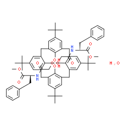 ChemSpider 2D Image | Dimethyl (2R,2'R)-2,2'-{[26,28-dihydroxy-5,11,17,23-tetrakis(2-methyl-2-propanyl)pentacyclo[19.3.1.1~3,7~.1~9,13~.1~15,19~]octacosa-1(25),3(28),4,6,9(27),10,12,15(26),16,18,21,23-dodecaene-25,27-diyl]
bis[oxy(1-oxo-2,1-ethanediyl)imino]}bis(3-phenylpropanoate) hydrate (1:1) | C68H84N2O11