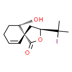 ChemSpider 2D Image | (3S,5R,10S)-10-Hydroxy-3-(2-iodo-2-propanyl)-2-oxaspiro[4.5]dec-6-en-1-one | C12H17IO3