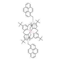 ChemSpider 2D Image | 5,11,17,23-Tetrakis(2-methyl-2-propanyl)-26,28-bis{[1-(1-pyrenylmethyl)-1H-1,2,3-triazol-4-yl]methoxy}pentacyclo[19.3.1.1~3,7~.1~9,13~.1~15,19~]octacosa-1(25),3(28),4,6,9(27),10,12,15(26),16,18,21,23-
dodecaene-25,27-diol | C84H82N6O4