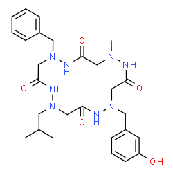 ChemSpider 2D Image | 1-Benzyl-9-(3-hydroxybenzyl)-13-isobutyl-5-methyl-1,2,5,6,9,10,13,14-octaazacyclohexadecane-3,7,11,15-tetrone | C27H38N8O5