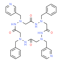 ChemSpider 2D Image | 1,9-Dibenzyl-5,13-bis(3-pyridinylmethyl)-1,2,5,6,9,10,13,14-octaazacyclohexadecane-3,7,11,15-tetrone | C34H38N10O4