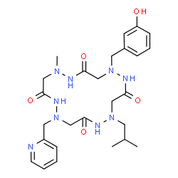 ChemSpider 2D Image | 1-(3-Hydroxybenzyl)-5-isobutyl-13-methyl-9-(2-pyridinylmethyl)-1,2,5,6,9,10,13,14-octaazacyclohexadecane-3,7,11,15-tetrone | C26H37N9O5