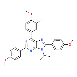 ChemSpider 2D Image | 6-(3-Fluoro-4-methoxyphenyl)-9-isopropyl-2,8-bis(4-methoxyphenyl)-9H-purine | C29H27FN4O3