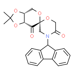 ChemSpider 2D Image | (3aR,6S,7aR)-4'-(9H-Fluoren-9-yl)-2,2-dimethyldihydro-5'H-spiro[1,3-dioxolo[4,5-c]pyran-6,2'-[1,4]oxazinane]-5',7(4H)-dione | C24H23NO6