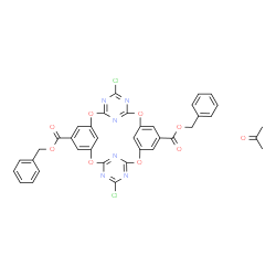 ChemSpider 2D Image | Dibenzyl 5,17-dichloro-2,8,14,20-tetraoxa-4,6,16,18,26,28-hexaazapentacyclo[19.3.1.1~3,7~.1~9,13~.1~15,19~]octacosa-1(25),3(28),4,6,9(27),10,12,15(26),16,18,21,23-dodecaene-11,23-dicarboxylate - aceto
ne (1:1) | C37H26Cl2N6O9