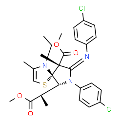 ChemSpider 2D Image | Methyl (5R,6R,8E,9S)-7-(4-chlorophenyl)-8-[(4-chlorophenyl)imino]-4-ethyl-6-[(2S)-1-methoxy-1-oxo-2-propanyl]-3,9-dimethyl-1-thia-4,7-diazaspiro[4.4]non-2-ene-9-carboxylate | C28H31Cl2N3O4S