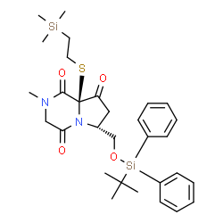 ChemSpider 2D Image | (6R,8aR)-2-Methyl-6-({[(2-methyl-2-propanyl)(diphenyl)silyl]oxy}methyl)-8a-{[2-(trimethylsilyl)ethyl]sulfanyl}tetrahydropyrrolo[1,2-a]pyrazine-1,4,8(8aH)-trione | C30H42N2O4SSi2