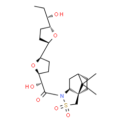 ChemSpider 2D Image | (2R)-1-[(1R,7S)-10,10-Dimethyl-3,3-dioxido-3-thia-4-azatricyclo[5.2.1.0~1,5~]dec-4-yl]-2-hydroxy-2-{(2R,2'R,5S,5'R)-5'-[(1S)-1-hydroxypropyl]octahydro-2,2'-bifuran-5-yl}ethanone | C23H37NO7S