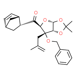 ChemSpider 2D Image | 3-O-Benzyl-5-[(1R,2R,4R)-bicyclo[2.2.1]hept-5-en-2-yl]-1,2-O-isopropylidene-3-C-(2-methyl-2-propen-1-yl)-alpha-D-ribo-pentodialdo-1,4-furanose | C26H32O5