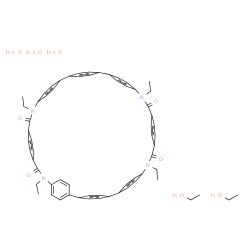 ChemSpider 2D Image | 10,17,30,37-Tetraethyl-10,17,30,37-tetraazanonacyclo[36.2.2.2~2,5~.2~6,9~.2~12,15~.2~18,21~.2~22,25~.2~26,29~.2~32,35~]hexapentaconta-1(40),2,4,6,8,12,14,18,20,22,24,26,28,32,34,38,41,43,45,47,49,51,5
3,55-tetracosaene-11,16,31,36-tetrone - ethanol hydrate (1:2:3) | C64H70N4O9