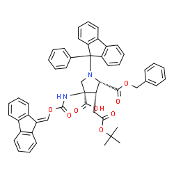 ChemSpider 2D Image | (3R,4S,5S)-5-[(Benzyloxy)carbonyl]-3-{[(9H-fluoren-9-ylidenemethoxy)carbonyl]amino}-4-{2-[(2-methyl-2-propanyl)oxy]-2-oxoethyl}-1-(9-phenyl-9H-fluoren-9-yl)-3-pyrrolidinecarboxylic acid | C53H46N2O8