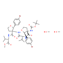 ChemSpider 2D Image | Methyl N-({(2R,3S)-2-(4-bromophenyl)-3-[(N-{[(2R,3S)-2-(4-bromophenyl)-3-({[(2-methyl-2-propanyl)oxy]carbonyl}amino)tetrahydro-3-furanyl]carbonyl}-L-valyl)amino]tetrahydro-3-furanyl}carbonyl)-L-valina
te - methanol (1:2) | C40H58Br2N4O11