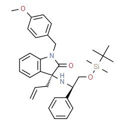 ChemSpider 2D Image | (3S)-3-Allyl-3-{[(1R)-2-{[dimethyl(2-methyl-2-propanyl)silyl]oxy}-1-phenylethyl]amino}-1-(4-methoxybenzyl)-1,3-dihydro-2H-indol-2-one | C33H42N2O3Si