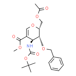 ChemSpider 2D Image | 6-O-Acetyl-1,5-anhydro-4-O-benzyl-2,3-dideoxy-2-(methoxycarbonyl)-3-({[(2-methyl-2-propanyl)oxy]carbonyl}amino)-D-xylo-hex-1-enitol | C22H29NO8