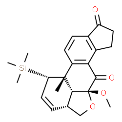 ChemSpider 2D Image | (1S,3aR,5aR,11bS,11cR)-5a-Methoxy-11b-methyl-1-(trimethylsilyl)-1,3a,4,5a,7,8,11b,11c-octahydrocyclopenta[7,8]phenanthro[10,1-bc]furan-6,9-dione | C23H28O4Si