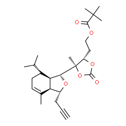 ChemSpider 2D Image | 2,5-Dideoxy-1-O-(2,2-dimethylpropanoyl)-4-C-[(1R,3R,3aR,7R,7aR)-7-isopropyl-4-methyl-3-(2-propyn-1-yl)-1,3,3a,6,7,7a-hexahydro-2-benzofuran-1-yl]-3,4-O-(oxomethylene)-D-erythro-pentitol | C26H38O6