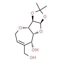 ChemSpider 2D Image | (3aR,3bS,8R,8aR,9aR)-7-(Hydroxymethyl)-2,2-dimethyl-3a,3b,5,8,8a,9a-hexahydro[1,3]dioxolo[4,5]furo[3,2-b]oxepin-8-ol | C12H18O6
