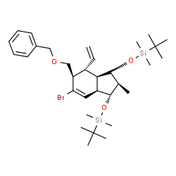 ChemSpider 2D Image | [{(1R,2R,3S,3aR,4R,5R,7aR)-5-[(Benzyloxy)methyl]-6-bromo-2-methyl-4-vinyl-2,3,3a,4,5,7a-hexahydro-1H-indene-1,3-diyl}bis(oxy)]bis[dimethyl(2-methyl-2-propanyl)silane] | C32H53BrO3Si2
