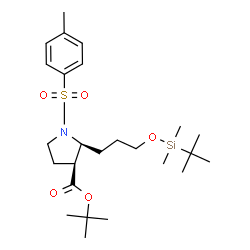 ChemSpider 2D Image | 2-Methyl-2-propanyl (2S,3S)-2-(3-{[dimethyl(2-methyl-2-propanyl)silyl]oxy}propyl)-1-[(4-methylphenyl)sulfonyl]-3-pyrrolidinecarboxylate | C25H43NO5SSi