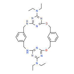 ChemSpider 2D Image | N,N,N',N'-Tetraethyl-2,10-dioxa-12,14,16,24,26,28,29,31-octaazapentacyclo[23.3.1.1~4,8~.1~11,15~.1~18,22~]dotriaconta-1(28),4(32),5,7,11,13,15,18(30),19,21,24,26-dodecaene-13,27-diamine | C30H38N10O2