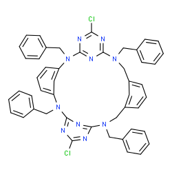 ChemSpider 2D Image | 2,8,14,22-Tetrabenzyl-11,25-dichloro-2,8,10,12,14,22,24,26,27,29-decaazapentacyclo[21.3.1.1~3,7~.1~9,13~.1~16,20~]triaconta-1(27),3(30),4,6,9(29),10,12,16(28),17,19,23,25-dodecaene | C48H40Cl2N10
