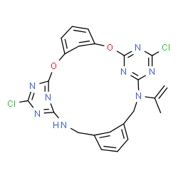 ChemSpider 2D Image | (13Z)-11,25-Dichloro-22-isopropenyl-2,8-dioxa-10,12,14,22,24,26,27,29-octaazapentacyclo[21.3.1.1~3,7~.1~9,13~.1~16,20~]triaconta-1(27),3(30),4,6,9,11,13,16(28),17,19,23,25-dodecaene | C23H18Cl2N8O2