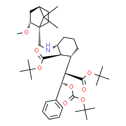 ChemSpider 2D Image | 2-Methyl-2-propanyl (1R,2R,6S)-2-({[(1R,2R,4R)-2-methoxy-7,7-dimethylbicyclo[2.2.1]hept-1-yl]methyl}amino)-6-[(2S,3S)-1-[(2-methyl-2-propanyl)oxy]-3-({[(2-methyl-2-propanyl)oxy]carbonyl}oxy)-1-oxo-3-p
henyl-2-propanyl]cyclohexanecarboxylate | C40H63NO8