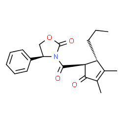 ChemSpider 2D Image | (4S)-3-{[(1S,5S)-3,4-Dimethyl-2-oxo-5-propyl-3-cyclopenten-1-yl]carbonyl}-4-phenyl-1,3-oxazolidin-2-one | C20H23NO4
